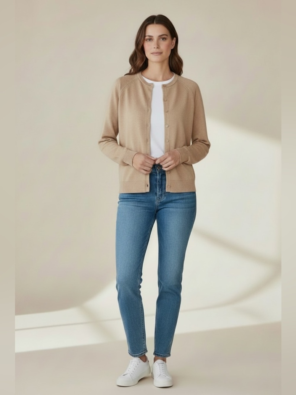 Windsor House England camel tan vintage wool knit button cardigan sweater EU 40